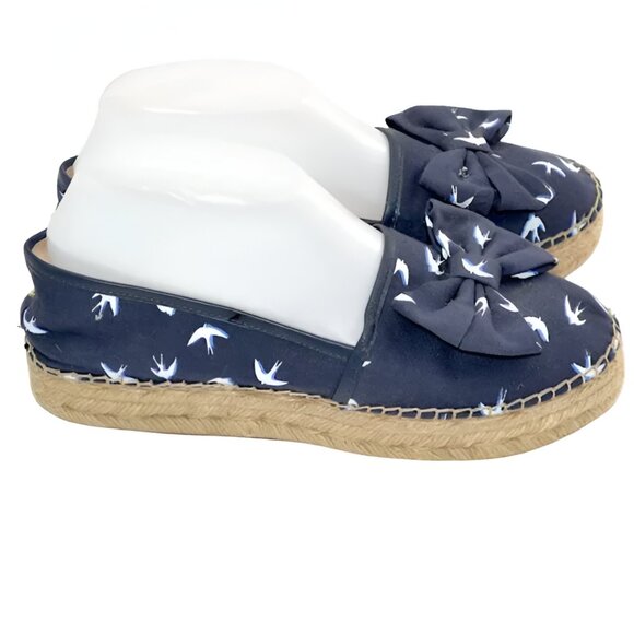 Kate Spade Navy Blue White Birds Canvas Leather Espadrilles Loafers Sandals 8 - Picture 5 of 10